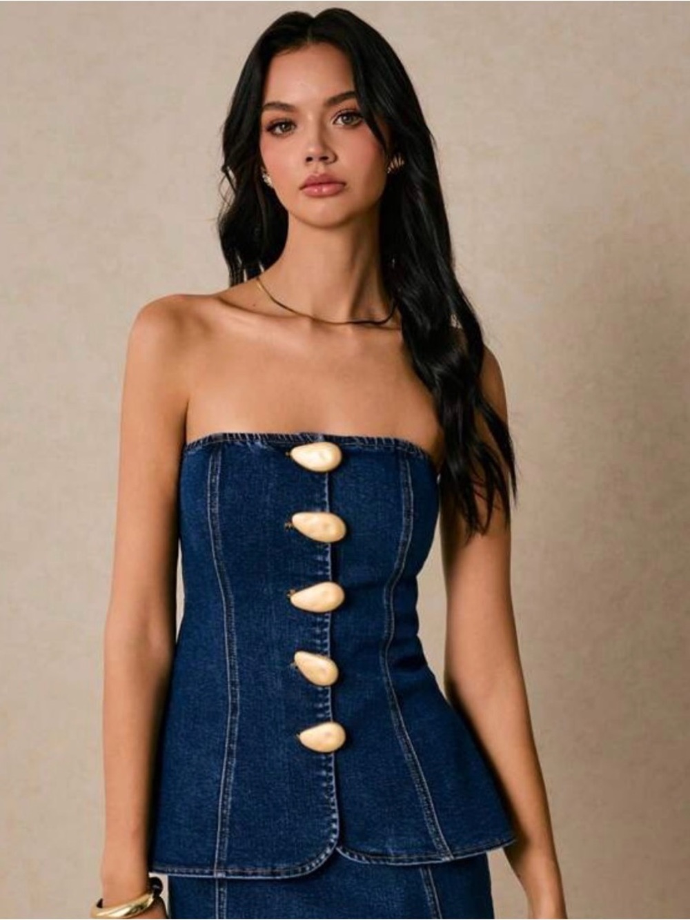 Strapless Dark Denim Tube Top with Statement Buttons